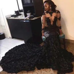 Sheer Long Sleeve Black Girls Prom Dresses 2017 Mermaid O Neck Tulle Lace Appliques Flower Zipper-Up Court Train Party Gowns312Y