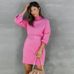 Maglioni da donna Dolcevita da donna Manica lunga Rosa Abito morbido lavorato a maglia Autunno Casual Maglione aderente di base con cintura Chic Office Lady Outfit