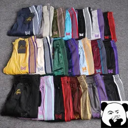 Mens Pants Awge Jarum Celana Pria Wanita 1 Kualitas Terbaik Border Kupu Kupu Garis Panjang 230718