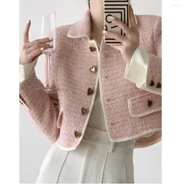 Chaquetas de mujer Primavera otoño Mujer Fragancia pequeña Tweed Abrigo corto Manga larga Dama Chaqueta con cuello vuelto Chaqueta de punto de un solo pecho Tops