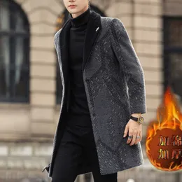 Men's Wool Blends 2022 Woolen Coats Men Autumn Winter Wool Blends Jacket Slim Fit Long Ferret Velvet Overcoat Men's Thicken Keep Warm Windbreaker HKD230718