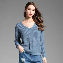 Kvinnors tröjor Kvinnor Fashion Knitting Sweater Spring Autumnfemales Long Sleeve V-Neck Loose Sexy Back Tie Pullover Shirts L230718