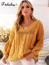 Swetery kobiet Fitshinling Twist Sweter Winter 2022 Długie rękaw V Neck Yellow Women Sweters and Pullover Knitte Dotome Sumpers J230718