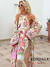 Abiti casual di base KONDALA Beach Style Flower Print Long Cami Dres Straight Satin Sexy Holiday Fashion 2023 Vintage Kimono 230718