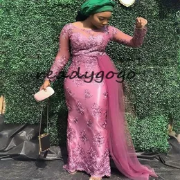 Stili Asoebi Abiti da cerimonia da sera a sirena con nastro laterale 2019 Abiti da ballo nigeriani africani gioiello con macchie di pizzo rosa rosa Plus S271n
