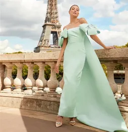 Mint Green Prom Dress 2023 Big Bow Detachable Train Off Shoulder Satin Evening Celebrity Gowns Women Formal Dresses Robe De Soiree Customed