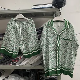 Mens Tracksuits SS Silk Casablanca Blend Print Set 1 Loose Casa Shirt Short Sleeve Top Sports Shorts 230718