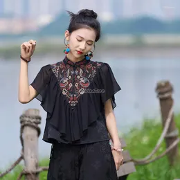 Etniska kläder 2023 kinesisk stil broderi chiffong blus retro lös stående krage kort ärm casual elegant kvinnor s269