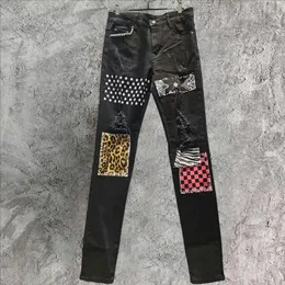 Herr jeans motorcykelbyxor män punk gata retro rippade kontrasterande lapptäckmönster hip hop designer byxa