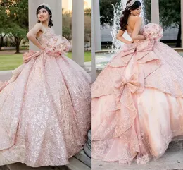 Blush Pink Sparkle Crystal Sequined Ball Gown Quinceanera Dresses Prom Queen Gorgeous Big Bow Princess Formal Occasion Evening Sexy Strapless Sweet 16 Dress CL2631