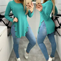 Women's T-Shirt Fashion Women's Tops Solid Round Neck Slit Buttons On Sides Casual Loose Long Sleeve Woman T-shirts Pullover Plus Size Clothes 230717