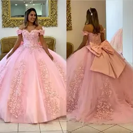 Quinceanera Dresses Pink Beaded With D Lace Floral Applique Tulle Ball Gown Straps Bow Sweet Birthday Party Prom Formal Ocn Evening Wear Vestidos