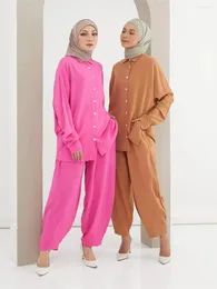 Etniska kläder eid sommar två bit set muslimska kvinnor bat ärm skjorta harem pant lösa 2 uppsättningar islamisk abaya klänning passar musulman ensembler