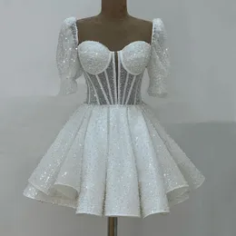 Sexy Mini Brautkleider 2023 Schatz Kurze Puffärmel Bridal Growns Pailletten Perlen Über Dem Knie A-linie Vestidos De Novia