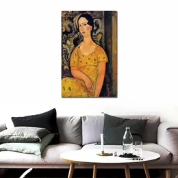 Arte de parede contemporânea jovem em um vestido amarelo Amedeo Modigliani pintura famosa feita à mão música moderna decoração de quarto