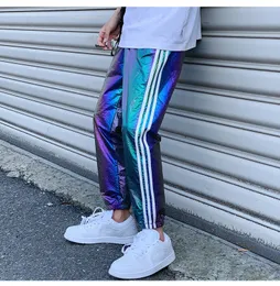 Mens Pants Summer Laser Holographic Sympony Chic byxor Glossy Bright Dance Hip Casual Elastic Midje Trousres Prefabricerat Fashion 230718