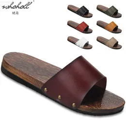 Slippers WHOHOLL Man Slippers Summer Wooden Home Slippers Clogs Men's Platform Thick Bottom Leather Japanese Wood Slippers Anime Cosplay L230718