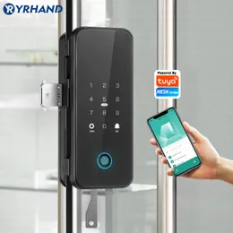Door Locks YRHAND Drill free Bluetooth Biometric Fingerprint RFID Card Code Remote Control Tuya App Electronic Smart Glass Door Lock 230717