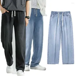 Men's Jeans Summer Thin Lyocell Mens Breathable Relaxed Fit Skateboard Brand Streetwear Hip Hop Elastic Drawing Waist Denim Pants