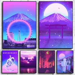 Póster de estilo Vaporwave de los años 80, pintura en lienzo de paisaje urbano, pósteres coloridos de astronauta para coche e impresión, decoración de arte de la pared, decoración de habitación Kawaii 06