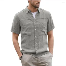 Erkek sıradan gömlekler 2023 Japon yaz düğmeli gömlek pamuk keten kısa kollu iki cep geniş köşe yaka