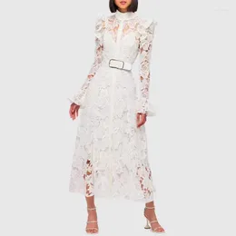 Casual Dresses 2023 Cekcya Banquet Dress For Elegant Women Ladies Long Flare Sleeve See-through Hollow Female Formal Evening Vestido