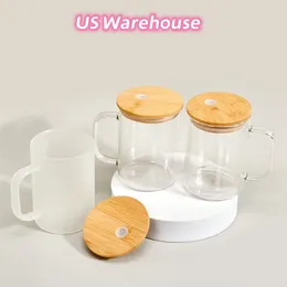 US Warehouse Sublimation 17oz Glass Beer Mug with Bamboo Lids Coffee Tumbler Bottle with Handle and Straw Summer Drinkware Juice Cup Z10