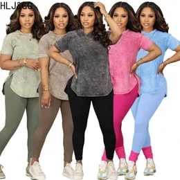 Kvinnors tvåbitar byxor HLJ GG Casual Solid Color Sporty Two Piece Set Women Round Neck Short Sleeve Top och Skinny Pants Tracksuit Casual 2pcs Outfits 230717