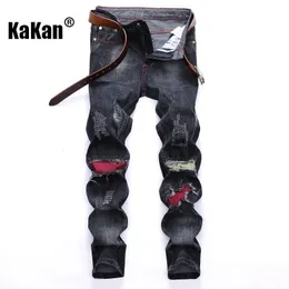 Mäns jeans kakan nostalgisk rak rör europeisk och amerikansk trasig hål klippt traspatch stretch män k029704 230718