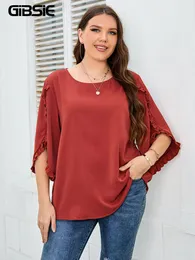 Women's Plus Size T-Shirt GIBSIE Plus Size Frill Trim 3/4 Sleeve Solid T-shirt Woman Summer Casual O-Neck Women T-Shirts 3XL 4XL Big Size Tops Tee 230717