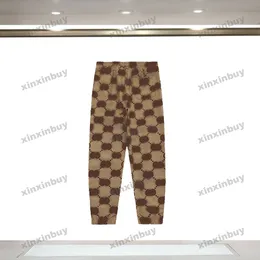 xinxinbuy men women designer pant big double letterjacquard生地ポケットレター刺繍ジーンズデニムカジュアルパンツブラックカーキブラウンS-2xl