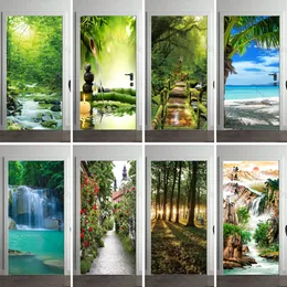 Vägg klistermärken 3d grönt träd bambu ljus dörr sovrum badrum djungel kokosnöt palm bro tapeter dekorativ modern design 230717