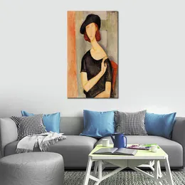 Arte em tela de figura moderna Jeanne Hebuterne em um chapéu Amedeo Modigliani Pintura famosa Arte pintada à mão para decoração de sala de estar
