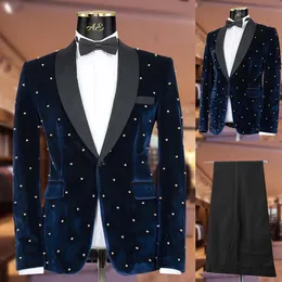 Golden Beads Men Wedding Tuxedos 2 Pieces Tailored Peaked Lapel Outfits Groom Black Pants Sets