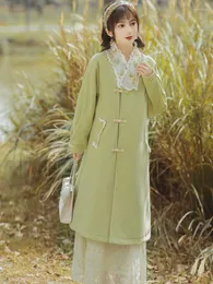 Kadın ceketleri Çin tarzı düğme tasarımı şık retro yün palto mori yeşil dantel nakış paltosu kadınlar orta uzunluk artı pamuk