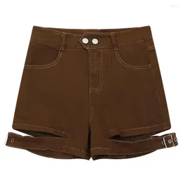 Kvinnors shorts dubbelknapp justerbar klipp ut denim frayed designer ihåliga brun jean kort y2k kvinnor sommarkläder 2023