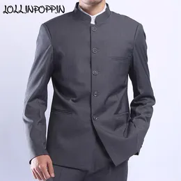 Mens Gray Tunic Suit Jacket Mandarin Collar Single Breasted Chinese Traditional Style Stand Collar Coat279r