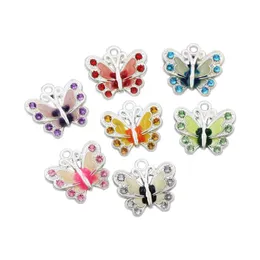 Silver Plated Enamel Butterfly Rhinestone Crystal Charm Beads 7Colors Pendants Jewelry Findings & Components L1559 56pcs lot190Q