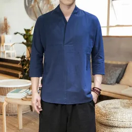 メンズTシャツメンサマーシャツチャイニーズスタイルプルオーバーソリッドカラー3分の1スリーブソフトデイリーウェアクイックドライvネックトップオス