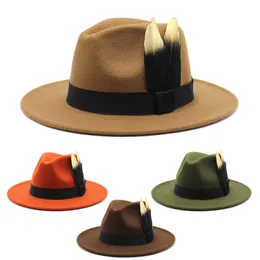 Breda brimhattar hink hattar ozyc mode ull kvinnor fjäder fedora hatt för vinter höst elegantlady diskette cloche breda randen män jazz mössor storlek 5961 cm 230717