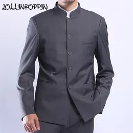 Mens Gray Tunic Suit Jacket Mandarin Collar Single Breasted Chinese Traditional Style Stand Collar Coat30W