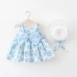 2st Summer Clothes Baby Girl Beach Dresses Casual Fashion Print Söt Bow Floral Princess Dress+Hat Nyfödd kläder