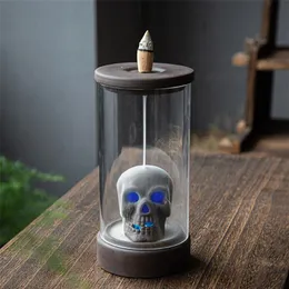 Quemador de incienso de reflujo LED de cerámica, decoración creativa para el hogar, Calavera, calabaza, cascada, soporte para conos de incienso con cubierta a prueba de viento 293q