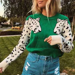 Kvinnors tröjor Teelynn Green Leopard -mönster Pull 2022 långärmad stickad tröja Kvinnor Casual Autumn Winter Sweaters Oneck Pullover Jumperer J230718