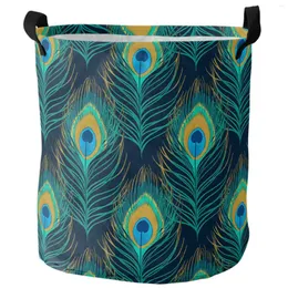 Laundry Bags Peacock Feather Cyan Dirty Basket Foldable Round Waterproof Home Organizer Clothing Children Toy Storage