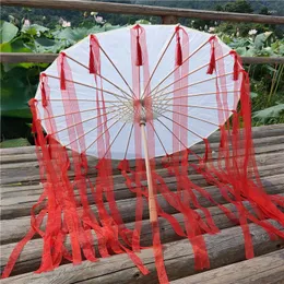 Paraplyer Red Antique Paraply With Tassel Ribbon White Hanfu Tillbehör Ancient Costpography Prop Silk Parasol