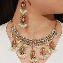 Vintage luksusowe czerwone kryształ przesadzony duży naszyjnik kolczyki damskie złoto plamowane długie zestawki biżuterii młyna