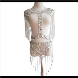 Högkvalitativ glittrande mycket vacker färgglad akrylkristall Tassel Fashion Sexig Bra kjol Set midje kroppskedja smycken guld HQ247m