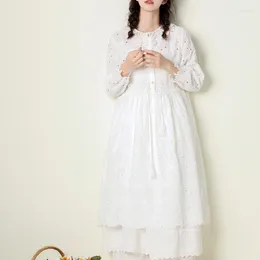 Casual Dresses Autumn Sweet Mori Girl Eyelet Lace Hollow Out Long Sleeve Pullover Midi Dress Elastic Waist Elegant Vintage Cottage Core