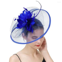 Berets Royal Blue Cocktail Hut Fascinator Für Frauen Hochzeit Party Stirnbänder Französisch Mesh Schleier Haar Hoop Ornamente Braut Feder Haarnadeln